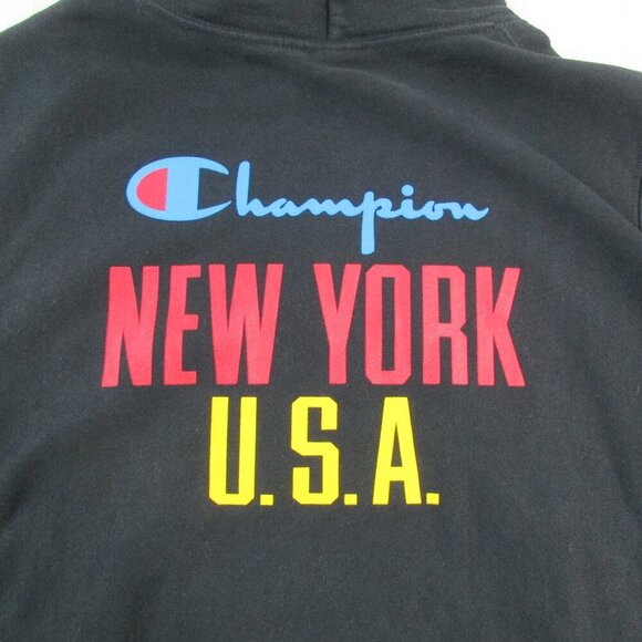 Champion Hoodie Mens Black Fleece Lined Reverse Weave New York USA Logo Pullover - Picture 3 of 8